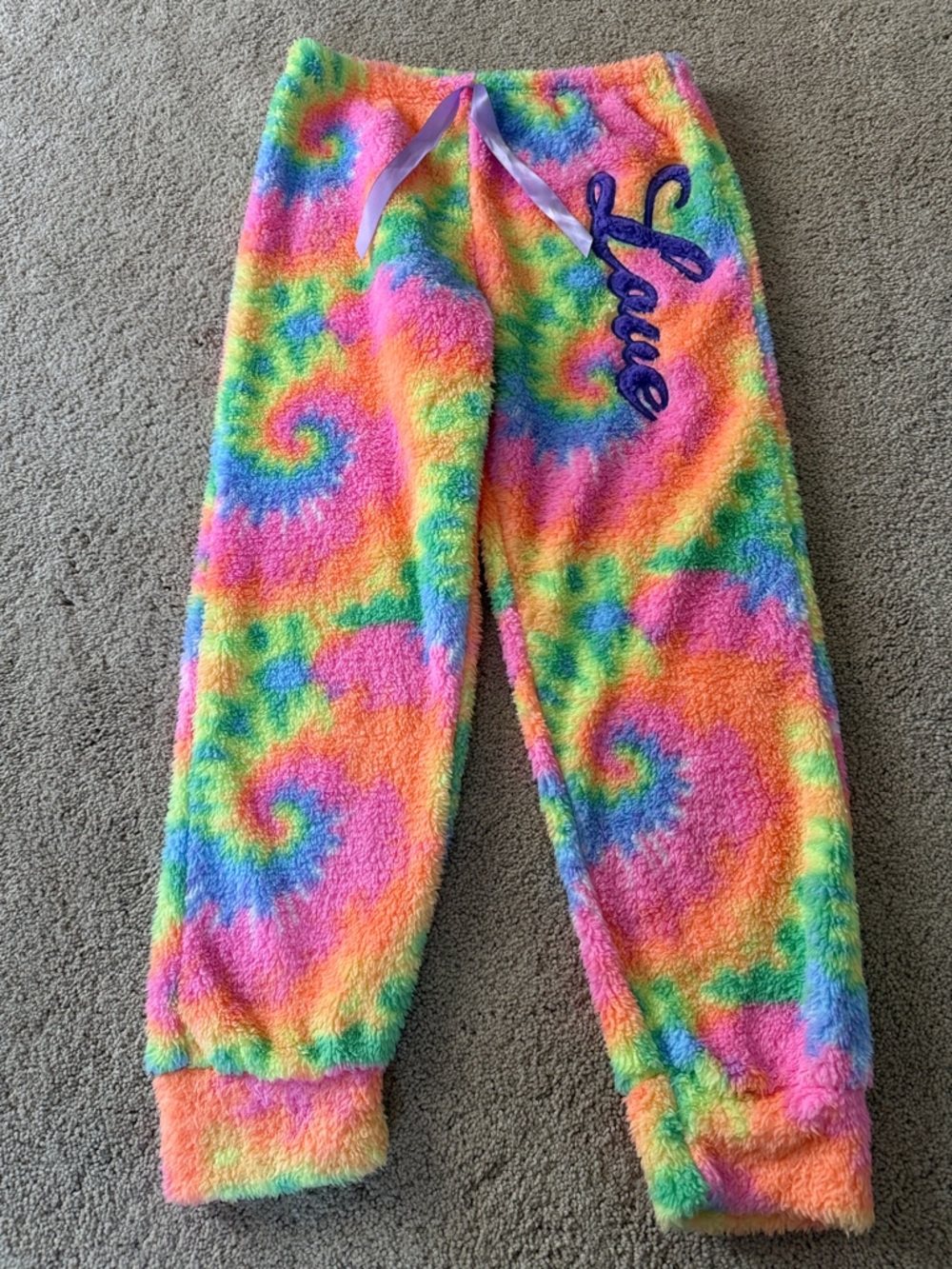 Colorful Tie-Dye Fuzzy Lounge Pants with 'Love' Script